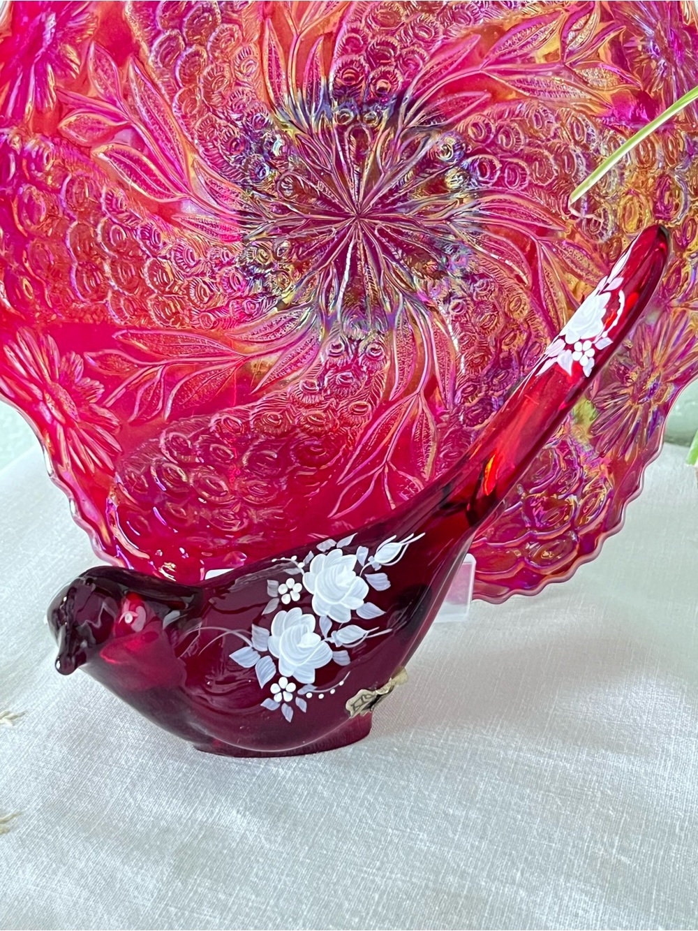 Vintage Fenton Hand Painted Amberina Glass Bird Figurine UV Reactive Cranberry